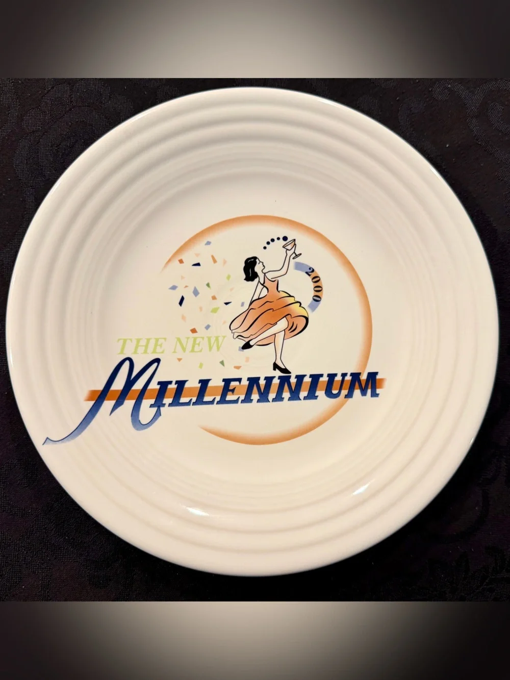 Homer Laughlin White Plate with Blue and Orange Millennium Graphic